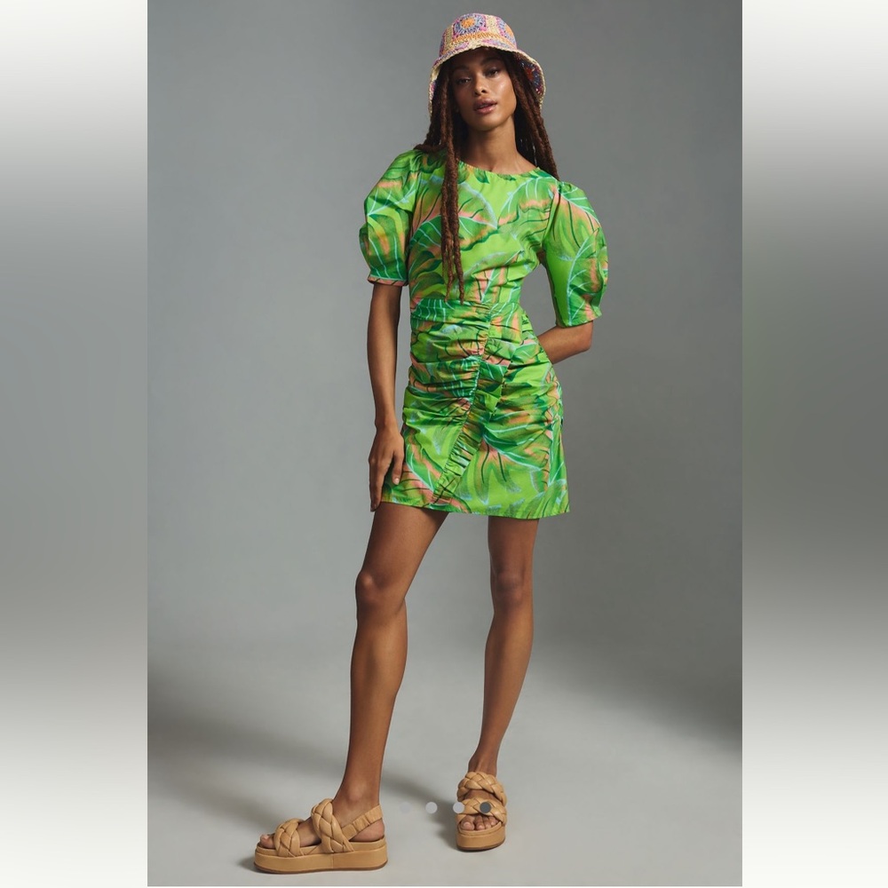 Farm Rio Puff Sleeve Mini Dress in Bright Lime